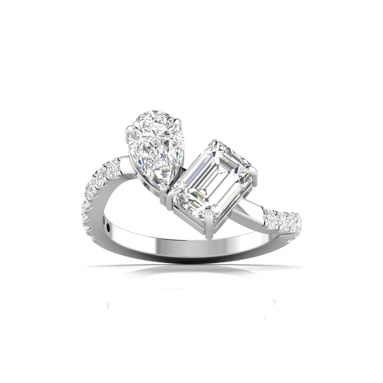 Twisted Ring with Pear and Emerald Cut Solitaire Diamonds