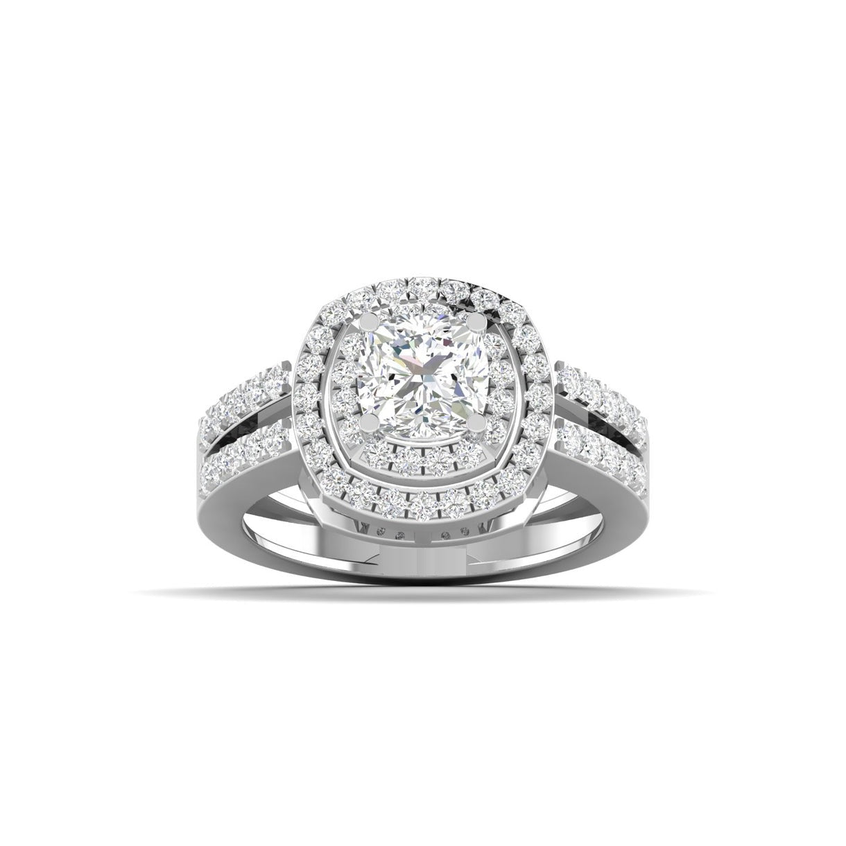Engagement Ring with Cushion Cut Diamonds and Pave Band