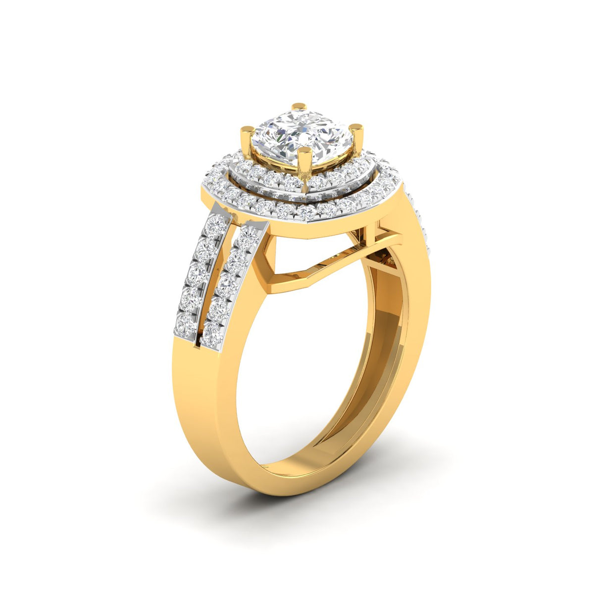 Engagement Ring with Cushion Cut Diamonds and Pave Band