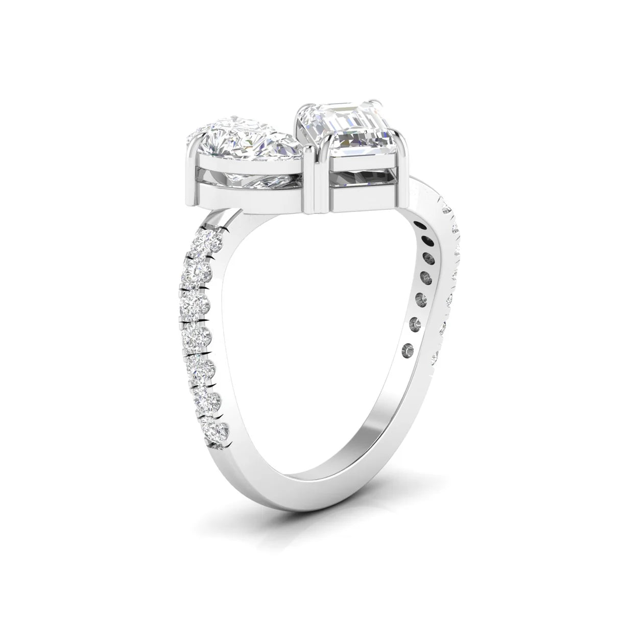 Twisted Ring with Pear and Emerald Cut Solitaire Diamonds