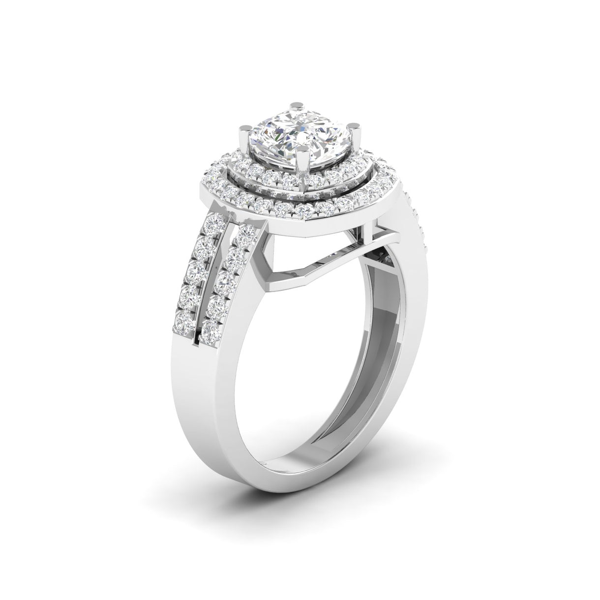 Engagement Ring with Cushion Cut Diamonds and Pave Band