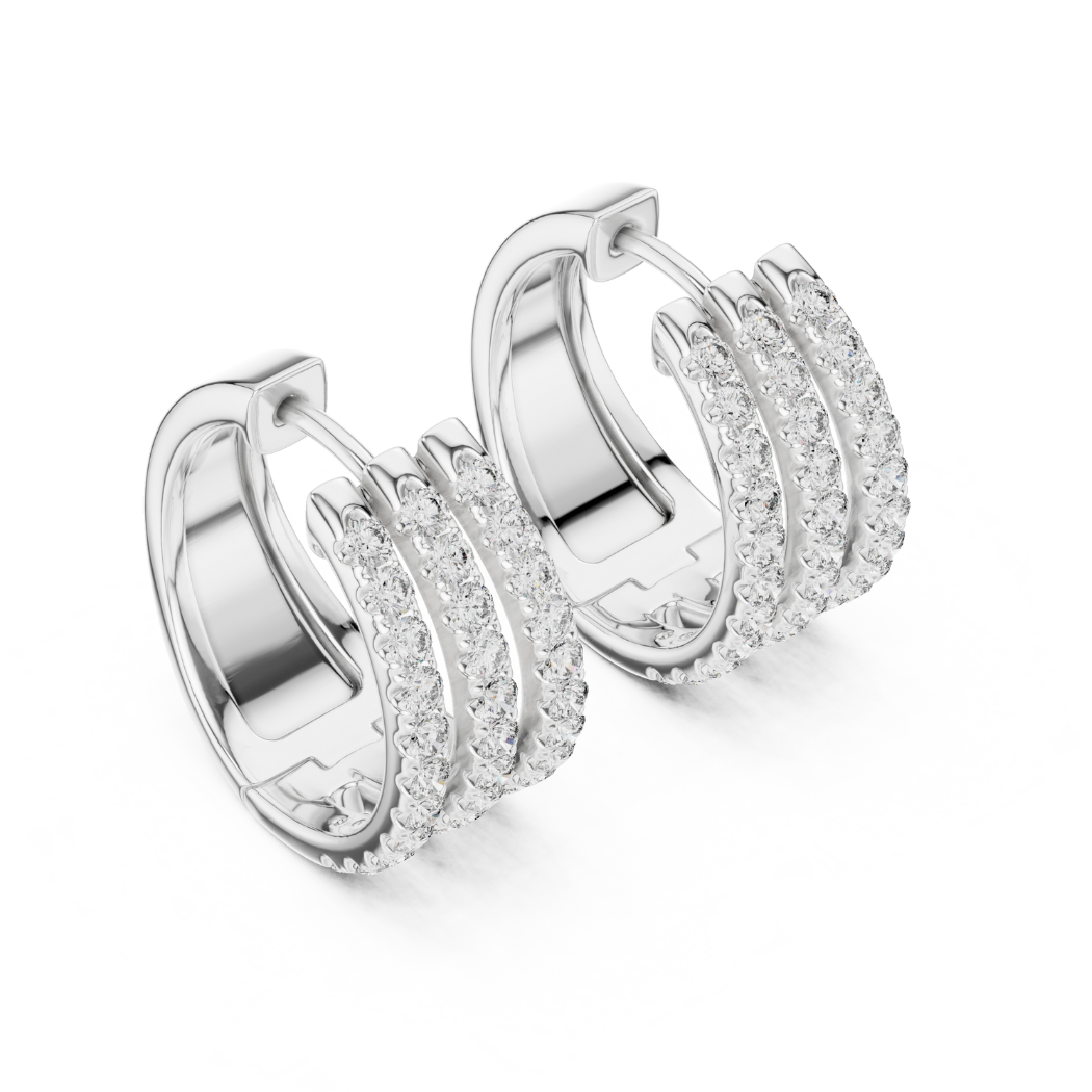 Triple Row Diamond Huggie Hoop Earrings