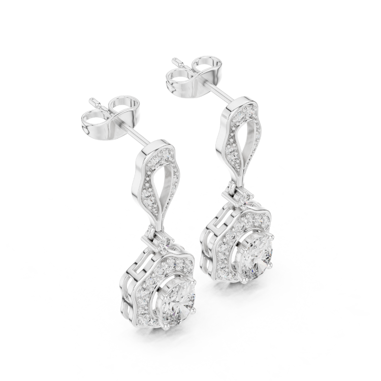 Vintage Floral-Inspired Oval Diamond Drop Earrings