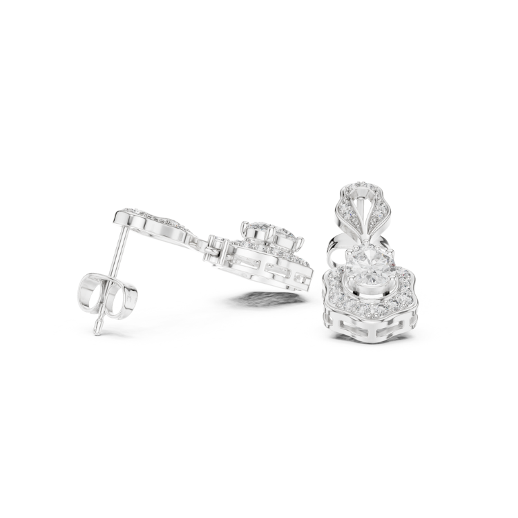 Vintage Floral-Inspired Oval Diamond Drop Earrings