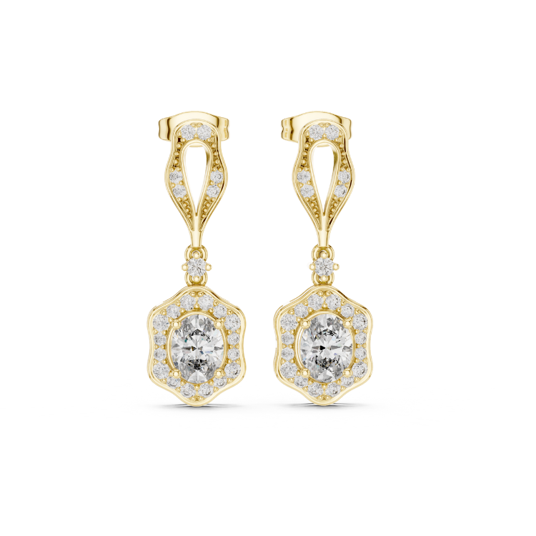 Vintage Floral-Inspired Oval Diamond Drop Earrings