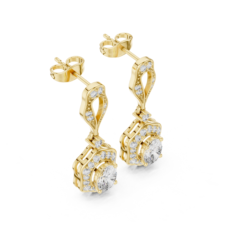 Vintage Floral-Inspired Oval Diamond Drop Earrings