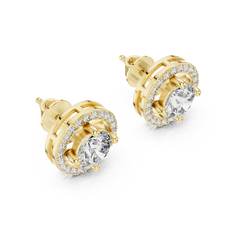 Halo Grid Round Diamond Stud Earrings