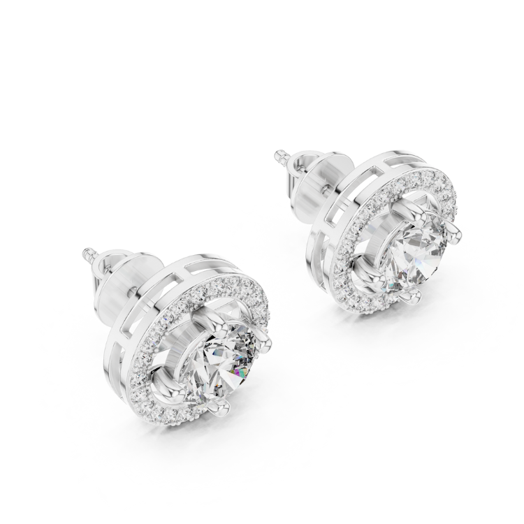Halo Grid Round Diamond Stud Earrings