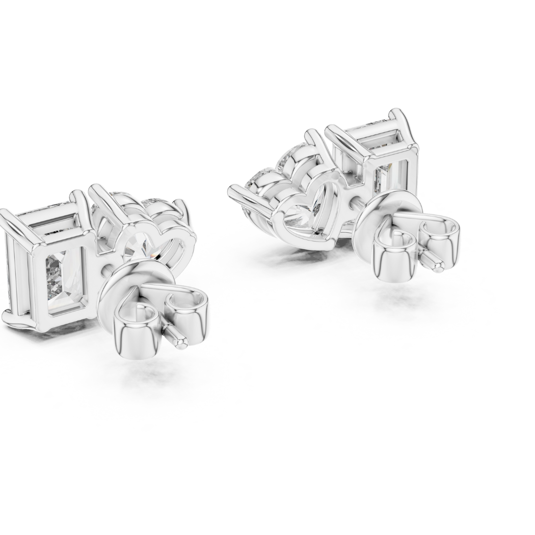 Heart & Emerald Cut Diamond Duo Stud Earrings