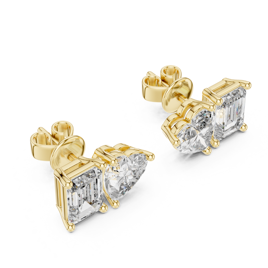 Heart & Emerald Cut Diamond Duo Stud Earrings