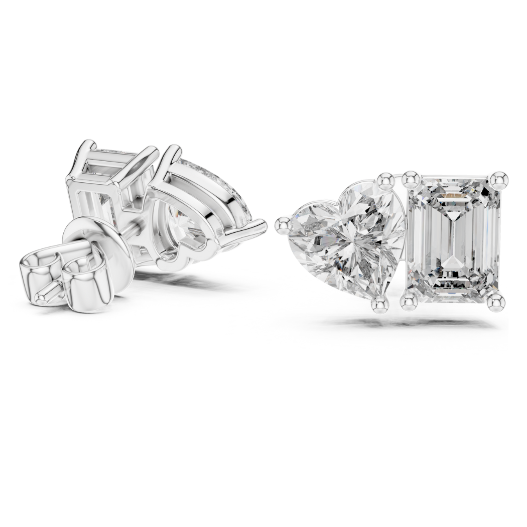 Heart & Emerald Cut Diamond Duo Stud Earrings