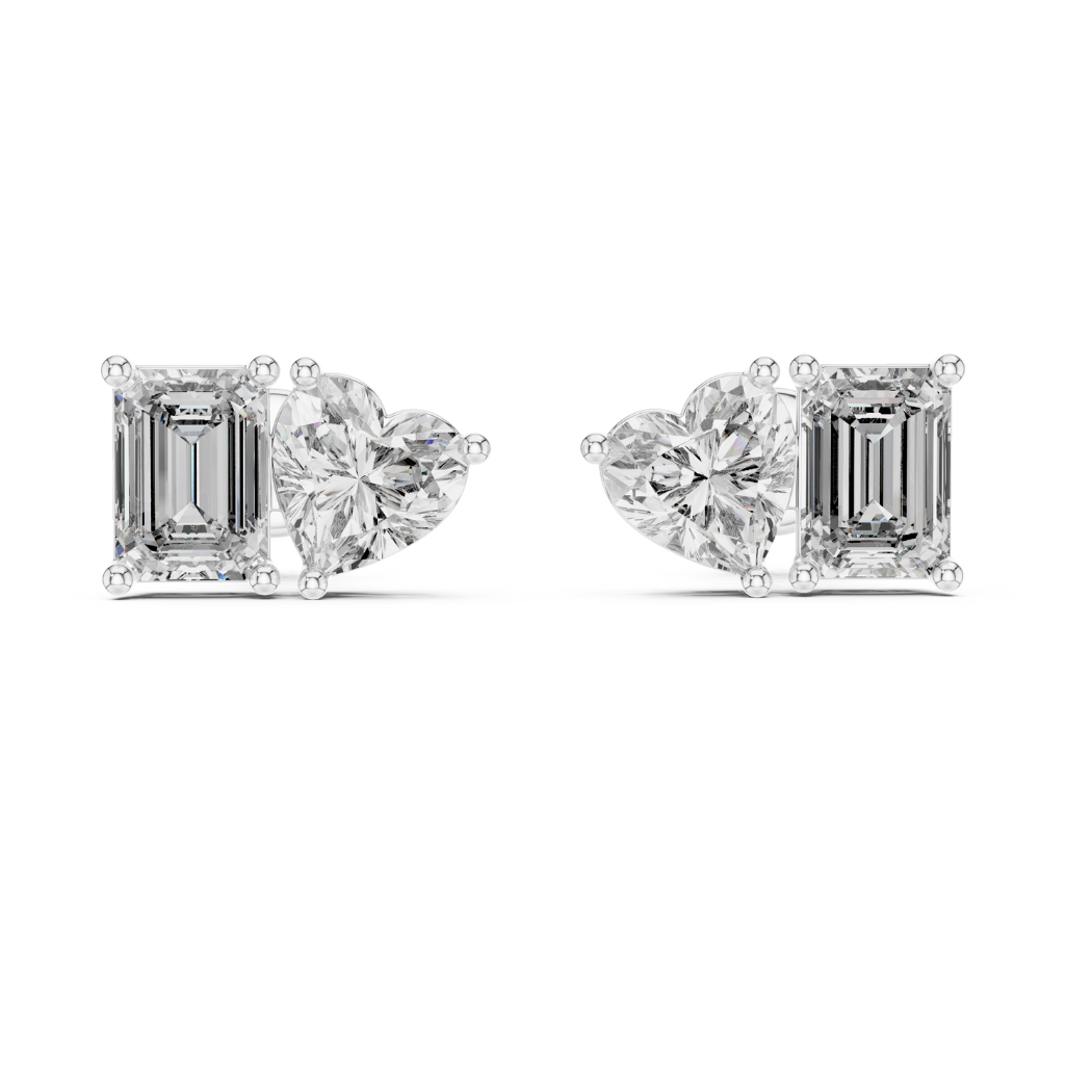 Heart & Emerald Cut Diamond Duo Stud Earrings