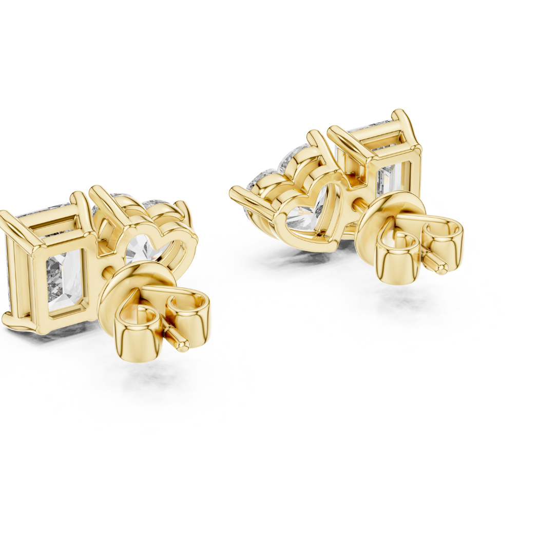 Heart & Emerald Cut Diamond Duo Stud Earrings