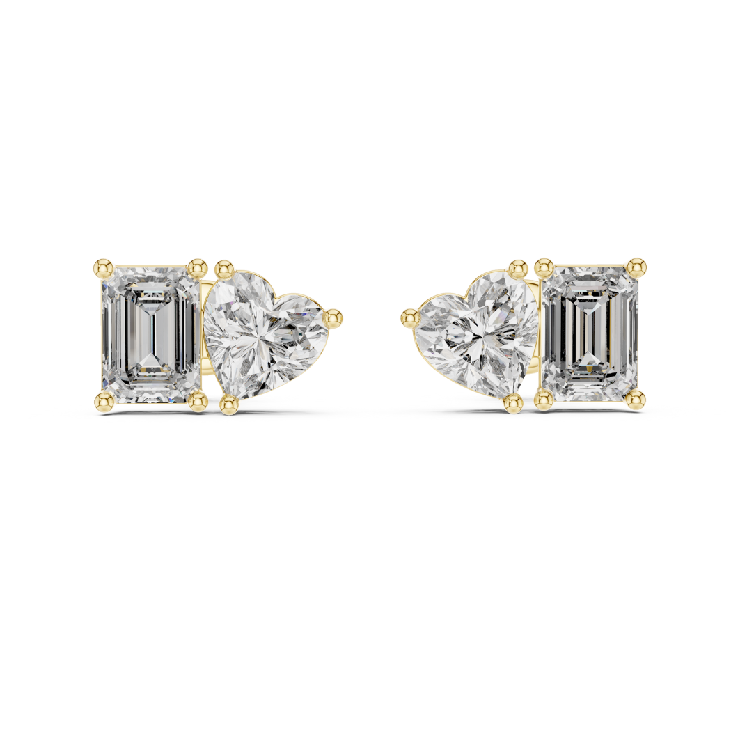 Heart & Emerald Cut Diamond Duo Stud Earrings