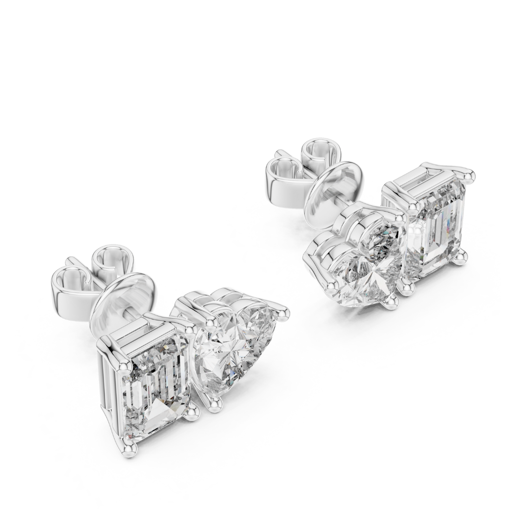 Heart & Emerald Cut Diamond Duo Stud Earrings