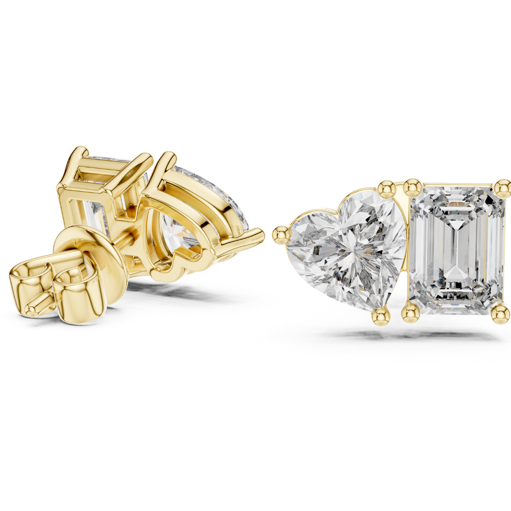 Heart & Emerald Cut Diamond Duo Stud Earrings